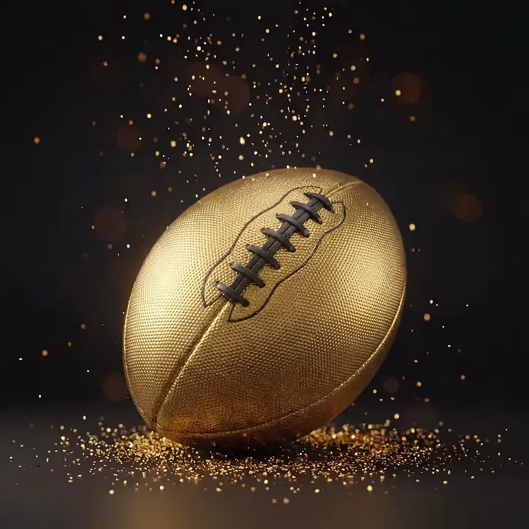 Ein goldener Rugbyball auf glitzerndem Staub, der die Sportwetten-Optionen im Bingo Bongo Stars Casino illustriert.