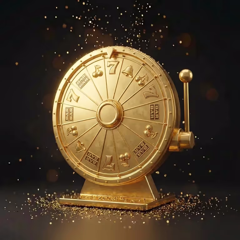 Goldenes Glücksrad mit Glückssymbolen und Glitzereffekten zur Bewerbung der Spieleangebote im Bingo Bongo Stars Casino.